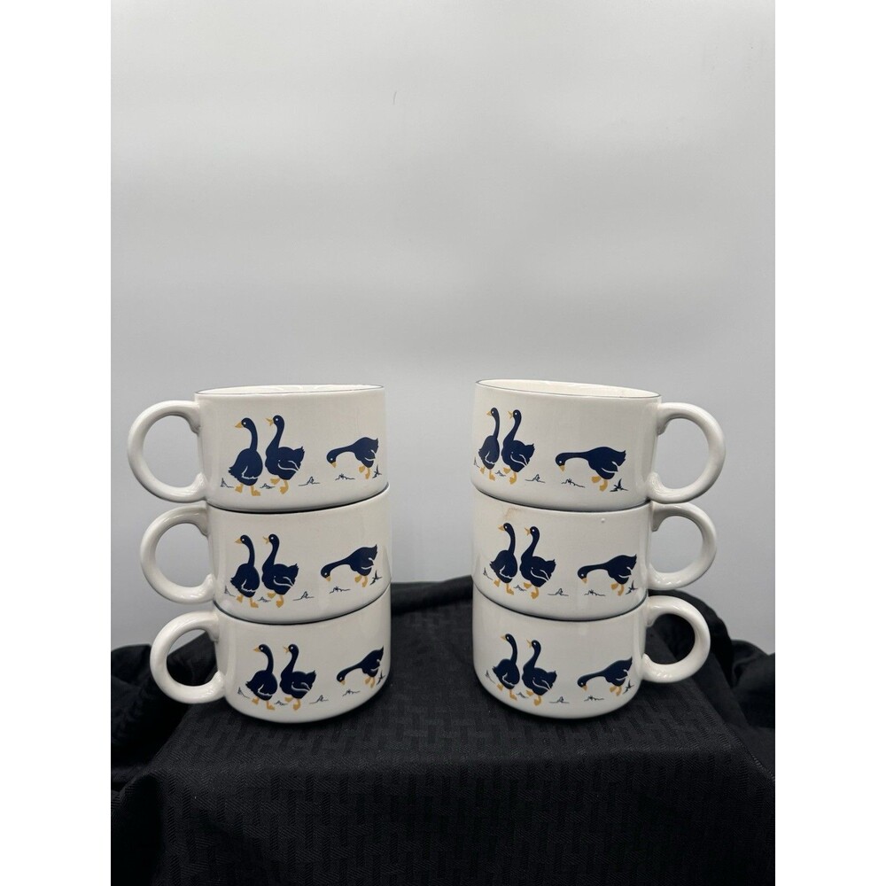 Vtg Set of 6- Blue & White ARTMARK Porcelain 16 oz GOOSE Soup Mug/Chili Bowl
